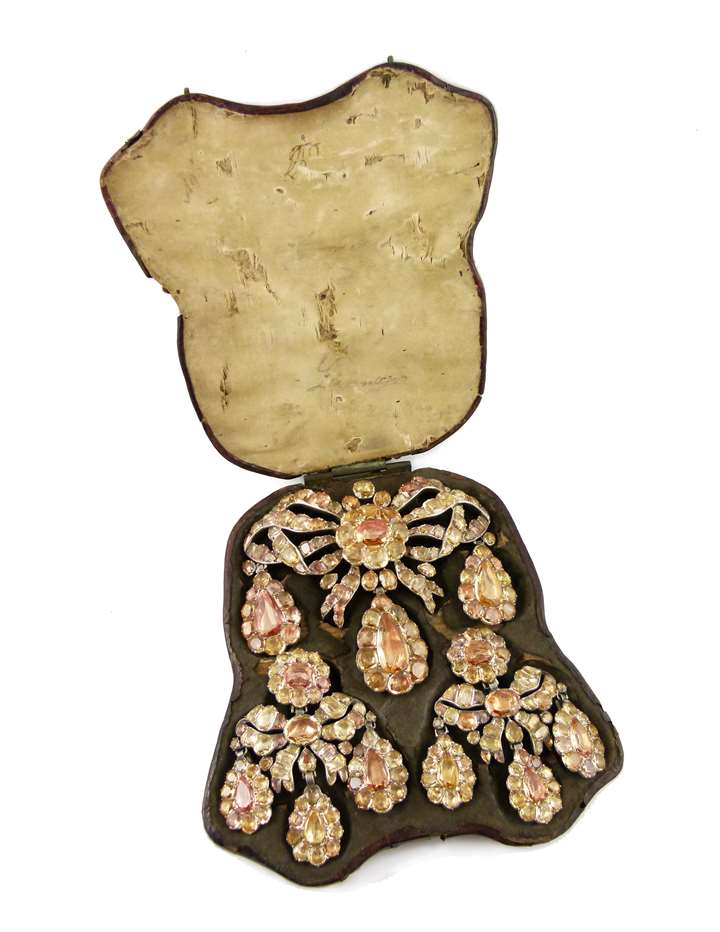 18th century golden yellow and orange topaz triple drop cluster pendant and pair of earrings en suite